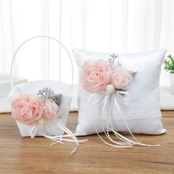 Elegante cesta de flores de casamento e travesseiro de anel com rosa rosa design romântico zz
