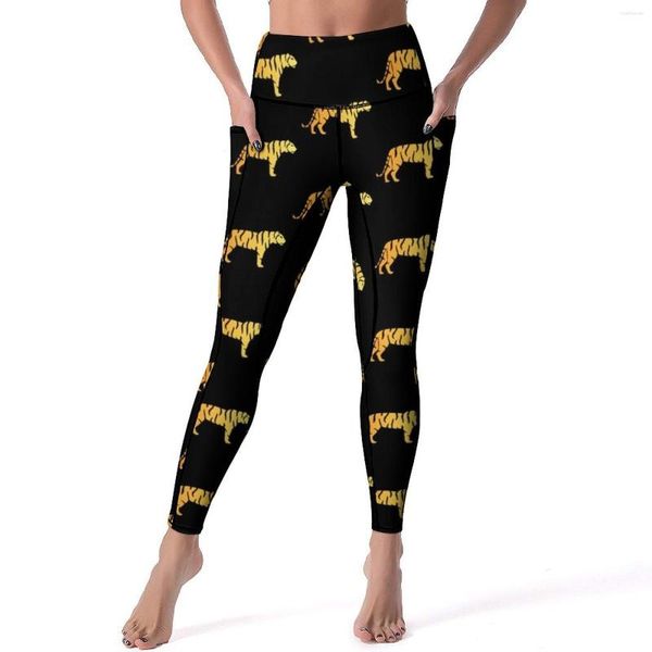 Leggings da donna pantaloni da yoga tigre oro sexy stampato ad alta stampa con legins ad alta vita da donna kawaii kawaii stretch stretchy