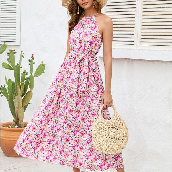 Vestidos casuais verão sexy fora do ombro Floral Dress Long Women Halter Ladies Fashion Boho Lace-up Robe Femme 26419