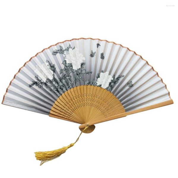 Dekorative Figuren 1PC Fans Vintage Chinese Spun Seidenblume bedrucktes Handheld Bambus Falten Sie hohl geschnitzte Dekoration Handwerk F117