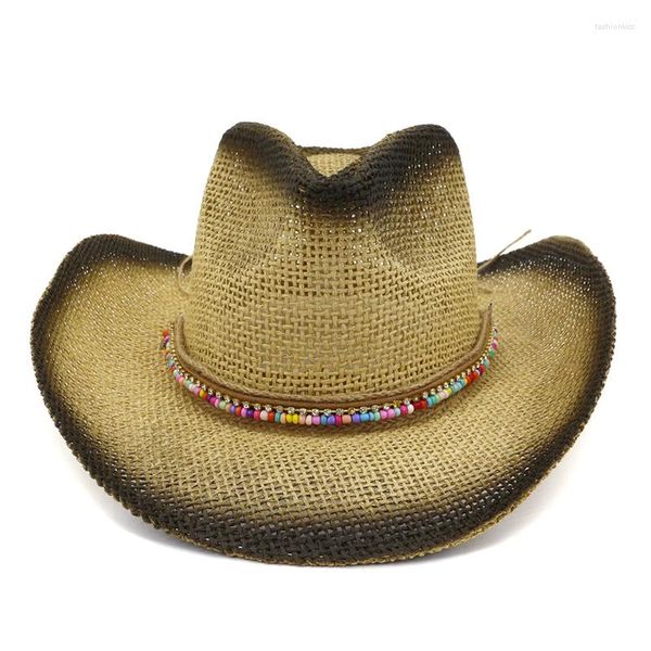 Berets Schwarze Farbe Sprühpapier Stroh Western Cowboy Hüte Sommer Männer Männer Strand Große Krempe Sonnenschutzmütze Sonnenschild Hut