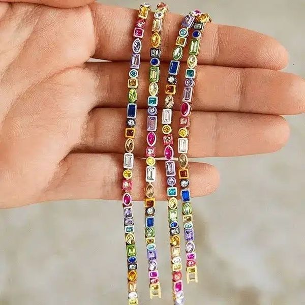 Bracelets de charme Summer Fashion Rainbow Rainbow Colorful CZ Tennis Chain Bracelet for Women Girl Iced Out Bling Geométrico Jóias de Zircônia Cúbica 230814