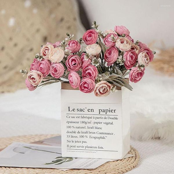 Декоративные цветы искусственная маленькая чайная бутона роза 18 голов розовый шелк ranunculus asiaticus для свадебного свадебного букета дома цветок цветок