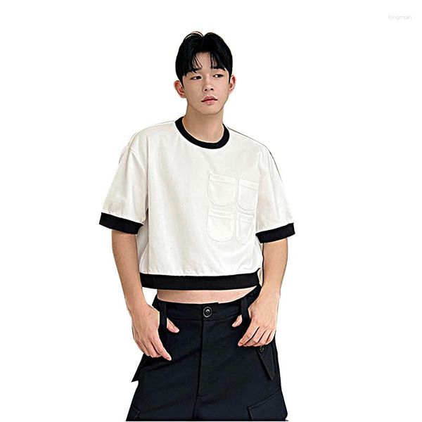 Herren-T-Shirts Multi-Tape-Schwarz-Weiß-Spleiß Ultra Short T-Shirt Männer koreanische Streetwear Mode Vintage Nabel Tees Männliche T-Shirts