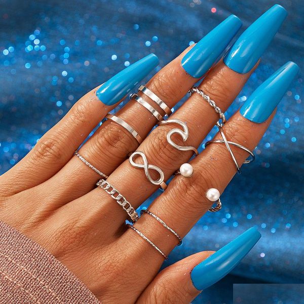 Bandringe 10pcs Minimalist dünne offene Gold Klassiker Pearl Wave Cross Style Finger Ring Schmuck Geschenk für Frauen Drop Lieferung Dhdko