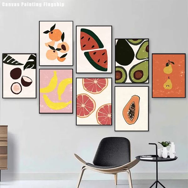 Orange Banana Watermelon Abacate Fruit Posters Simples Prind Fruit Slicing Tela Pintura Imagem da arte da parede para sala de estar Decoração de cozinha em casa WO6