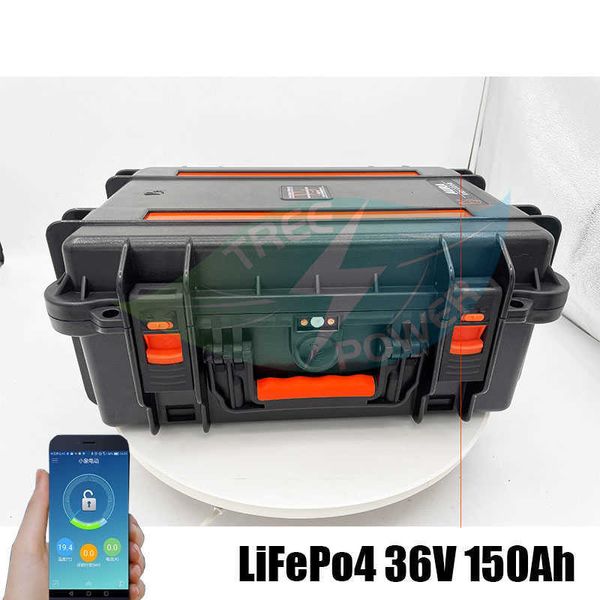 Impermeável 36V 150AH LIFEPO4 Bateria de lítio PACK BMS COM LED LED Display Fishing Boats Sistema Solar Motor EV RV+10A Carregador