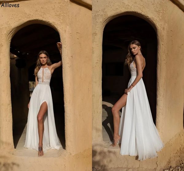 Halholter Spitze Boho Beach eine Linie Hochzeitskleider fließende Chiffon -Rock -Seite Second Rezeption Partykleider für Braut sexy Rückenless Brautkleider Robe de Mariee Cl2719