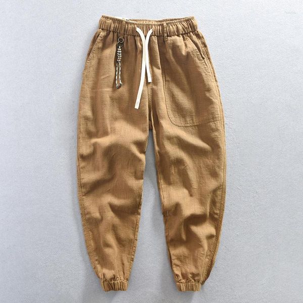 Pantaloni da uomo carico in lino di cotone vintage per uomini in forma elastica in fitta elastica comoda jogger di pantaloni da uomo con tasche