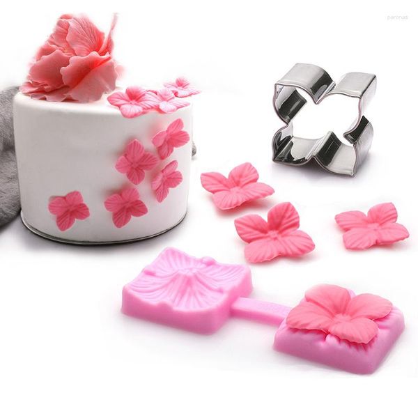 Moldes de cozimento 2pcs/conjunto Hydrangea Petal Cookies Cutters Armazenamento Moldes de fondant em flor 3D Para decoração de bolo Acessórios de cozinha