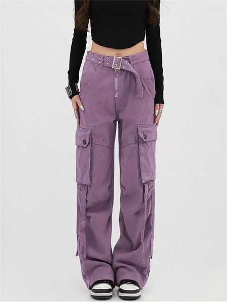 Pantaloni da donna Button High Waist Y2K Denim Donne tasche cuciture di carico dritto Vintage Casual Streetwear Violet Jeans con cintura