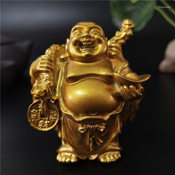 Estatuetas decorativas douradas maitreya rindo estátua escultura ornamento de jardim decoração caseira chinês feng shui estátuas felizes