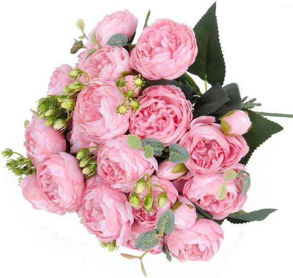 Dekorative Blumen 1 Blumenstrauß 30 cm Rose Pink Seide Peony Artificial 5 Kopf und 4 Knospen falsch für Home Wedding Garden Dekor