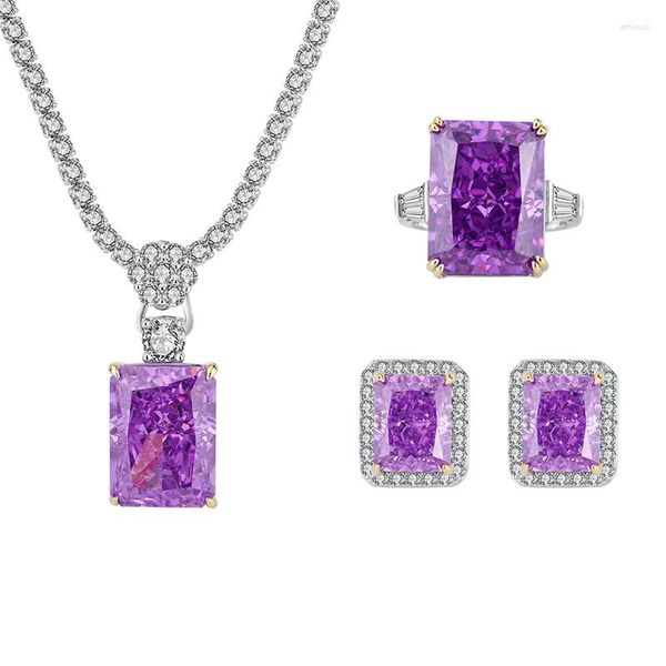 Clusterringe Modetrend S925 Silber Eingelegtes 5A Zirkon Radiant Cut Purple Diamond Anhänger Ringohrringe Set Set