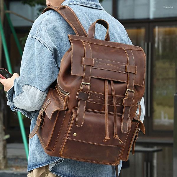 Backpack grande grande grão marrom de grão marrom genuíno couro louco a4 15,6 '' '17' 'laptop masculino gabinete bolsa de viagem M6581