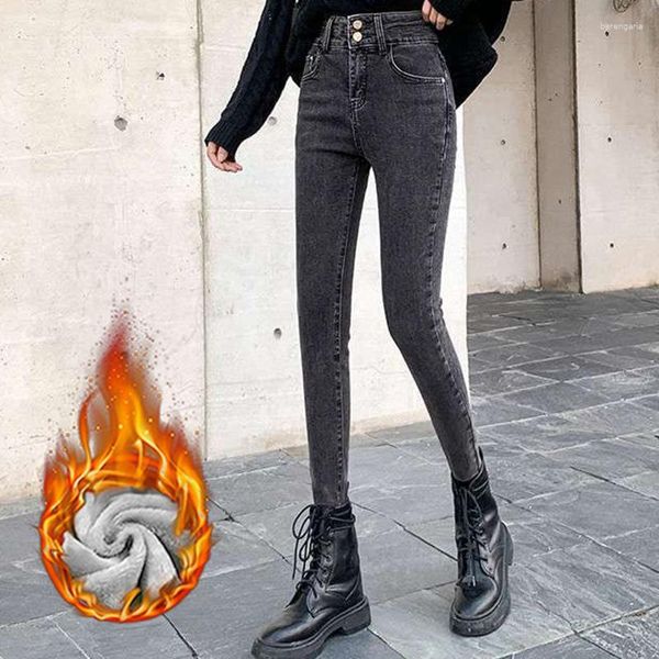 Jeans feminino mais veludo elástico na cintura alta espessamento botão duplo quente jeans apertado calça lápis All-Match Women