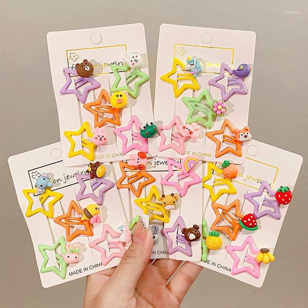 Аксессуары для волос 5pcs Set Color Star Pentagrams Cartoon Animal Fruits Clips Девушка Дети Симпатичная Кавайи Сказочная простая мода шпильки