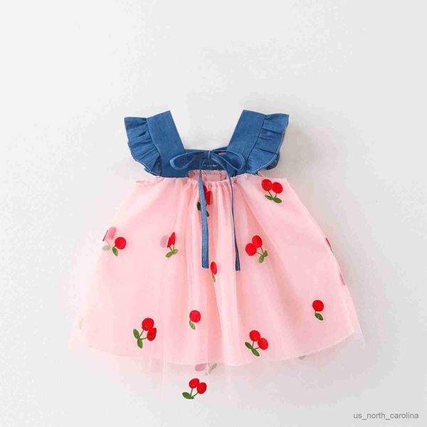 Vestidos de menina infantil garotas meninas princesas vestido cereja bordado malha de retalhos de retalhos de jeans de babados sem mangas