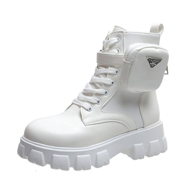 Botas Botas mulheres em motocicletas Botas de tornozelas Cascas fêmeas Plataformas de laço feminino Branco de couro preto Oxford Botas MUJER BACA 230814