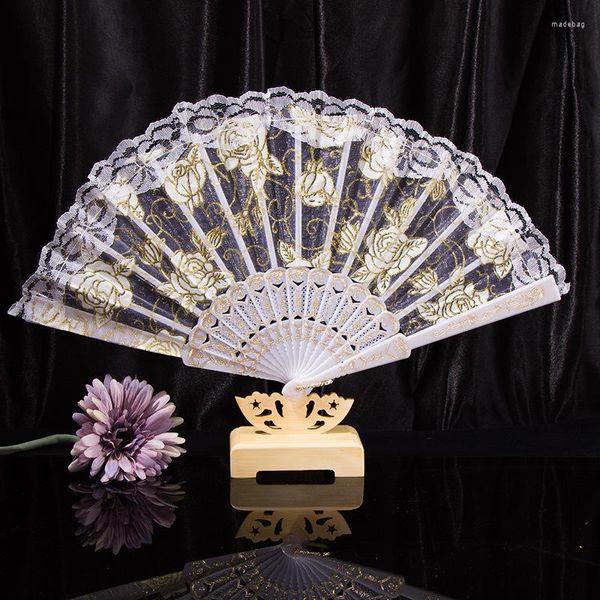 Figurine decorative Glitter argento in pizzo floreale Floral Hand Fans Chinese Vintage Fan a forma di ondata di sostegno per le ragazze per feste di nozze