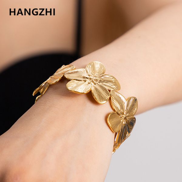 Bangle Hangzhi Design Gold Color Flower Bracelet для женщин Элегантная винтажная невеста из нержавеющей стали Свадьба открытые украшения 230814