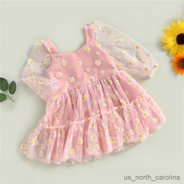 Abiti da ragazza Fashion Spring Autunno bambina principessa Abito a-line abito elegante margherita a maniche lunghe in tulle abito da festa per r230815