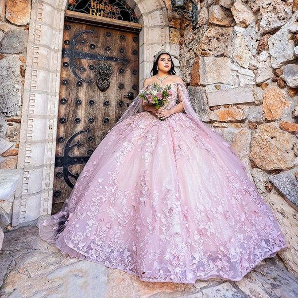 Vestidos rosa quinceanera vestido de baile fora de ombro fofo doce 16 vestidos de miçangas 3dbow com capa Celebrity Graduation Party GOWNS