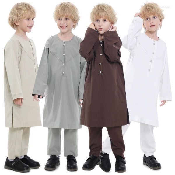 Abbigliamento etnico ragazzi ragazzi ragazzi ragazzi saudita thobe tope top pantaloni kaftan arabo islamico maniche lunghe rotonde abbondante abbigliamento