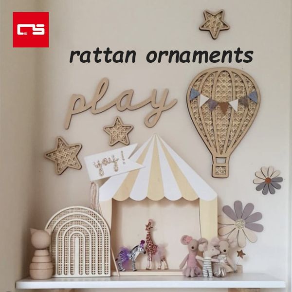 Dekorative Objekte Figuren Nordic Rattan gewebtes Wand Ornamente Holz Rattan Regenbogen Luftballon Mondstern Wandkleher für Babyzimmer Haus Wanddekoration 230815