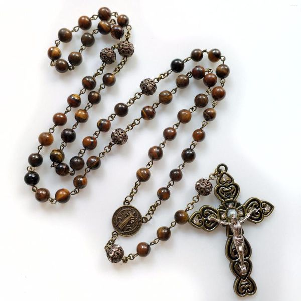 Colares pendentes Yijia Chaplet Cathlet Hand fez colar de oração cristã Tigre Eye Stone Stone Jewelry Cross