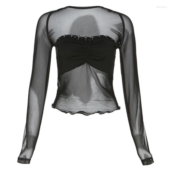 Damen T -Shirts Club -Partys täglich weiblicher Square Hals Zwei Stücke passen schwarze Gazen Tops sexy Ingram -Stil Kleidung für Mädchen