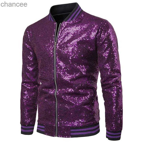 Jackets de time do colégio de lantejoulas roxas para homens 70s Disco Dance Shiny Glitter Varsity Jacket Nightclub Stage