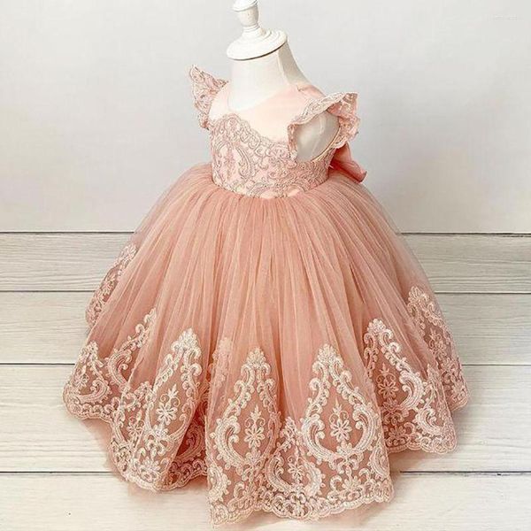 Mädchenkleider erröten rosa Spitzenblumkugelkleid Rückenfreie Vintage Lilttle Kinder Geburtstagswettbewerb Weddding Kleider
