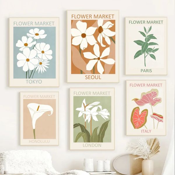 Pintura de tela abstrata planta Flor Daisy Market Posters impressa Matisse City Art Nordic Wall Pictures Decoração de quarto da sala de menina WO6