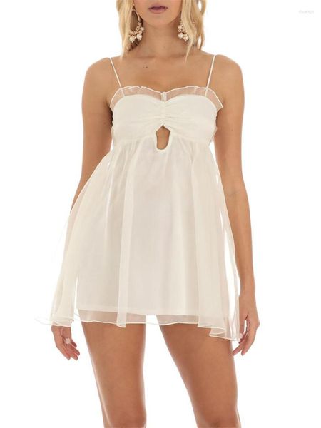 Lässige Kleider Frauen Rüschen Trim Spaghetti-Gurtkleid elegante Sommer-Mesh ärmellose Binde-Backless White A-Line Short for Party Club