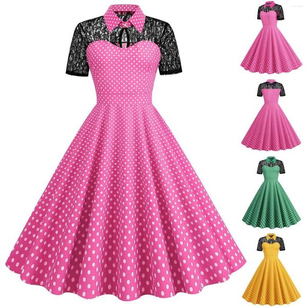 Lässige Kleider Frauen stehende Nackenspitze kurzärmeliges Netz Patchwork Polka Dot Retro großer Saumkleid Langarm Tunika