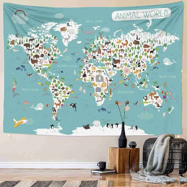 Tapestres tamanhos do mapa do mundo infantil Tapestry parede pendurada mapa animal tecido
