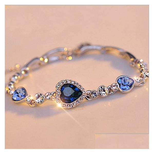 Bracelets de charme Luxury Sparkly Diamond Bracelet Classic Heart of the Ocean Romantic Romantic 925 Sier Love Aquamarine Jóias de noivas 22cm Drop Dhz3L