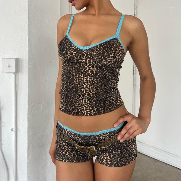 Рабочие платья 90 -х годов Rave Leopard Print 2 кусок кружевной отделку для спагетти ремешки Camis Shorts Y2K Vintage Tops Sexy Club Party Satching Suithing