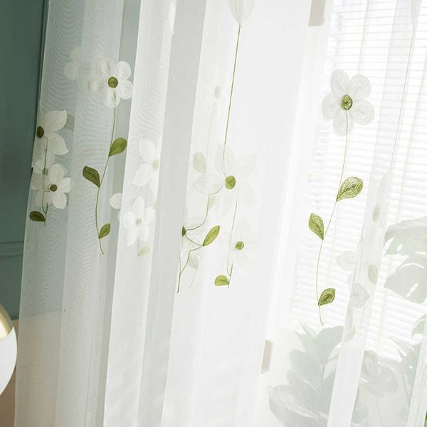 Cortina rústica fresca folhas verdes floral bordado malha tule cortinas para sala de estar graciosa janela cortina para o quarto do miúdo