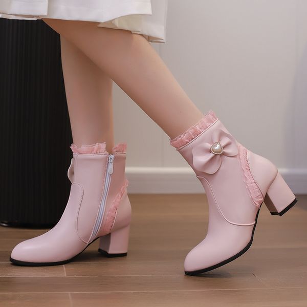 Botas doces Butterfly Knot Pearl Lace Edge Pink Ankle Princess S Block High Party Shoes para meninas 2023 outono 12 14 16 18 230814
