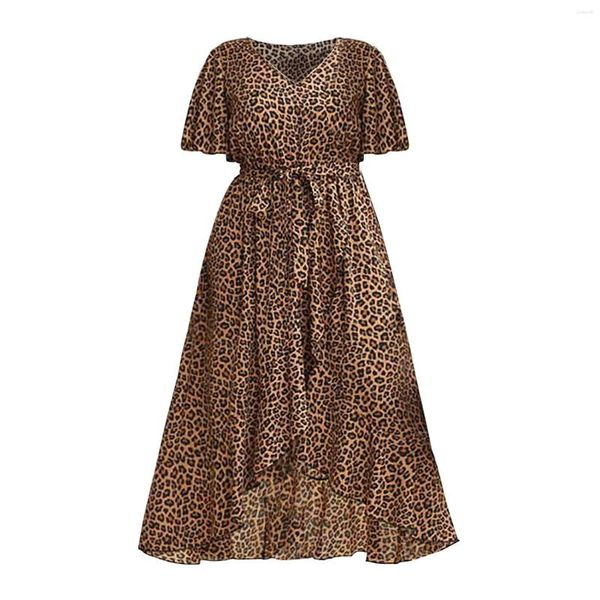 Vestidos casuais vestido de verão de leopardo feminino V de pescoço de pescoço curto cinturão bainha uma linha de alta linha de baixo fluxo