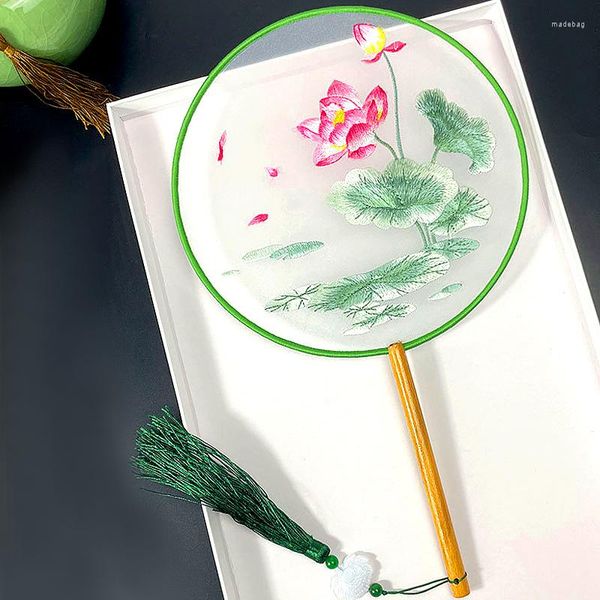 Figurine decorative Cinese ricamo suzhou Hand -Hand Fan China Hanfu Ancient Dance Translucent Silk Round Circular con Naphel