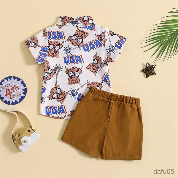 Roupas conjuntos infantis garotos de meninos de verão touth toul toul chead taive manga botão de manga curta e shorts elásticos Conjunto de roupas 1-5t r230815