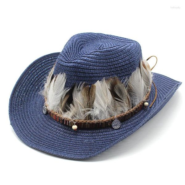 Berater Big gekrönte ethnische Strohhut weibliche Sommer im Freien Tourismus Urlaub gebogene Brim Beach Bonbon Farbe Tibetan westliche Cowboy Cap