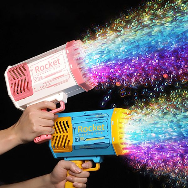 Gambi di novità Bubble Gun Kids Toys Rocket 69 buchi bolle di sapone a forma di mitragliatrice automatica con pomperos retti giocattoli per esterni per esterni festa 230815