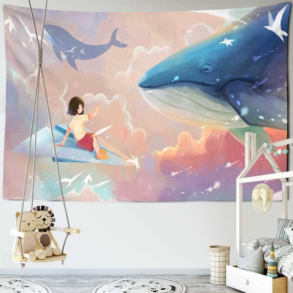 Arazzi Illustrazione di balene Arazzo appeso a parete Ragazza Drago di mare Pesce Hippie Tappeto Decorazione della camera dei bambini