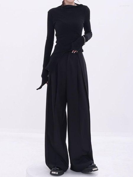 Calça feminina estilo coreano casual perna larga feminina de cintura alta rua básica calças de suor solto retrô senhora do escritório 2023 outono