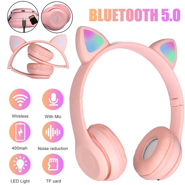 Беспроводная Bluetooth 5.0 гарнитура с кошачьими ушками, светодиодные наушники с микрофоном для детей и девочек