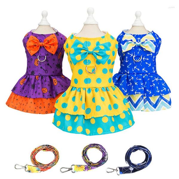 Hundekragen Bogenkabelbaum und Leine Set Blumensommerkleid für kleine Hunde Welpe Katze Weste Teddy Bichon Yorkies Kleidung Haustier Prinzessin Rock